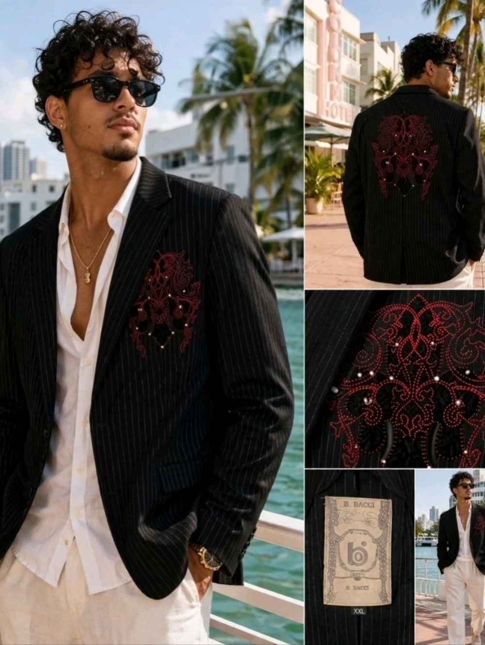 B.Bennett Men's Black Pinstripe with Red Accent Blazer Casual & Stylish Size XXL